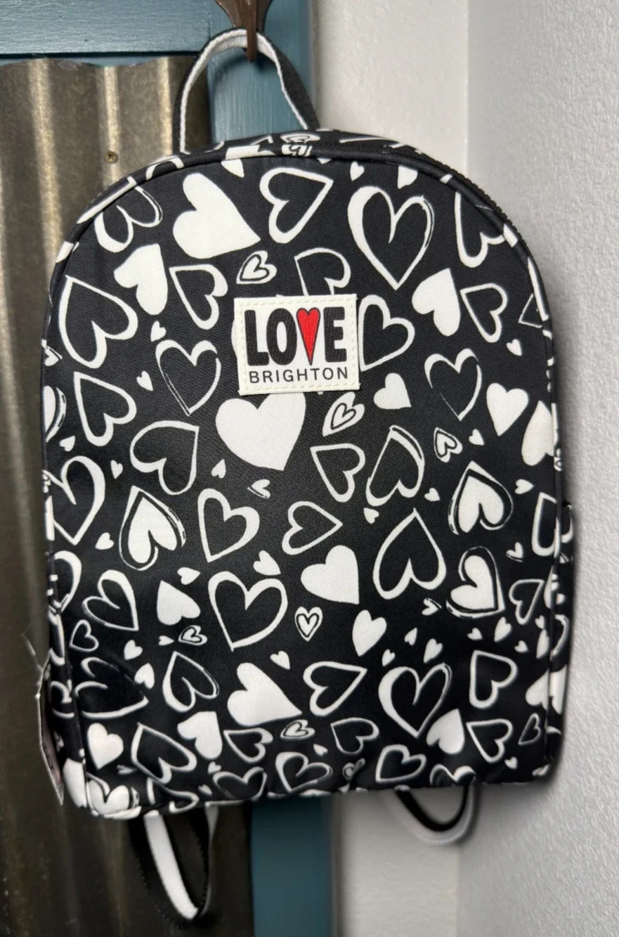 NWT Brighton Endless Love Backpack Black White Heart Print Zip Closure Purse
